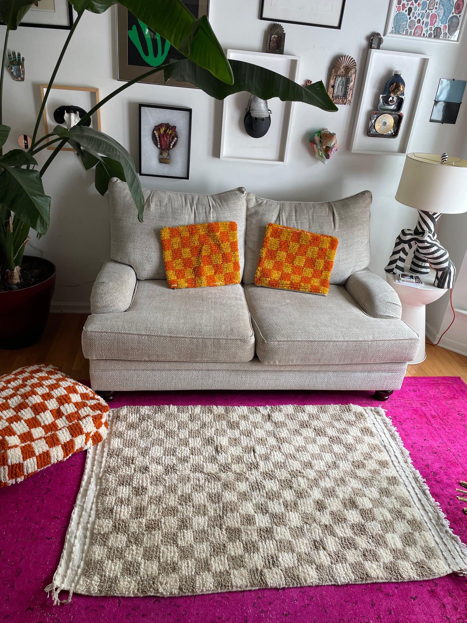 Yellow Moroccan checkered wool pillows