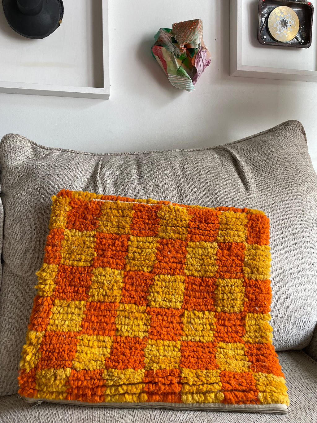 Yellow Moroccan checkered wool pillows