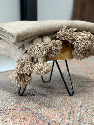 Handwoven Moroccan Cotton Pom Pom Throw in Camel